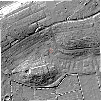 Shaded relief map of the ground around TA66EW, computed from Environment Agency LiDAR. The ground here sits at about 7 m above sea level and falls 14 m across the surrounding 800 m. Surface water reaching this point runs off ground lying to the west-north-west, 11.0 m higher.