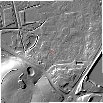 Shaded relief map of the ground around TA66EX, computed from Environment Agency LiDAR. The ground here sits at about 7 m above sea level and falls 24 m across the surrounding 800 m. Surface water reaching this point runs off ground lying to the south-west, 19.8 m higher.