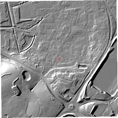 Shaded relief map of the ground around TA66EY, computed from Environment Agency LiDAR. The ground here sits at about 8 m above sea level and falls 24 m across the surrounding 800 m. Surface water reaching this point runs off ground lying to the south, 14.0 m higher.