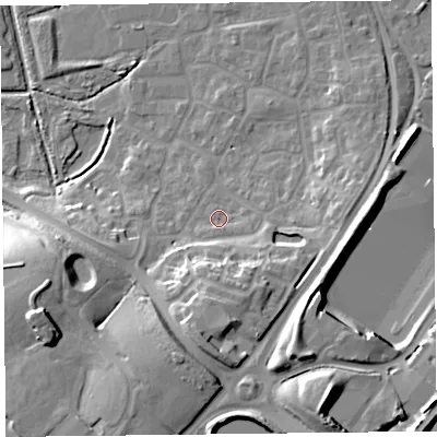 Shaded relief map of the ground around TA66EZ, computed from Environment Agency LiDAR. The ground here sits at about 9 m above sea level and falls 24 m across the surrounding 800 m. Surface water reaching this point runs off ground lying to the south, 12.6 m higher.