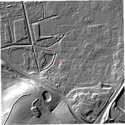 Shaded relief map of the ground around TA66FD, computed from Environment Agency LiDAR. The ground here sits at about 7 m above sea level and falls 23 m across the surrounding 800 m. Surface water reaching this point runs off ground lying to the south-east, 1.3 m higher.