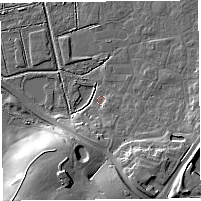 Shaded relief map of the ground around TA66FE, computed from Environment Agency LiDAR. The ground here sits at about 6 m above sea level and falls 23 m across the surrounding 800 m. Surface water reaching this point runs off ground lying to the south-east, 2.4 m higher.