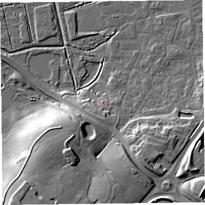 Shaded relief map of the ground around TA66FF, computed from Environment Agency LiDAR. The ground here sits at about 10 m above sea level and falls 24 m across the surrounding 800 m. Surface water reaching this point runs off ground lying to the south, 4.8 m higher.