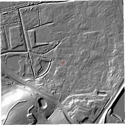 Shaded relief map of the ground around TA66FG, computed from Environment Agency LiDAR. The ground here sits at about 6 m above sea level and falls 23 m across the surrounding 800 m. Surface water reaching this point runs off ground lying to the south-south-west, 21.0 m higher.