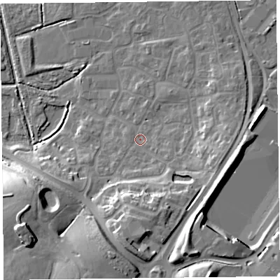Shaded relief map of the ground around TA66FH, computed from Environment Agency LiDAR. The ground here sits at about 7 m above sea level and falls 23 m across the surrounding 800 m. Surface water reaching this point runs off ground lying to the south, 14.8 m higher.