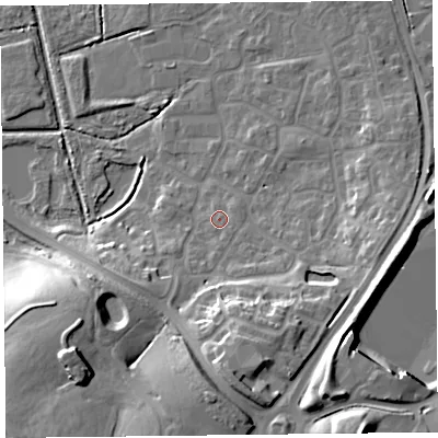 Shaded relief map of the ground around TA66FJ, computed from Environment Agency LiDAR. The ground here sits at about 8 m above sea level and falls 23 m across the surrounding 800 m. Surface water reaching this point runs off ground lying to the south-south-east, 1.2 m higher.