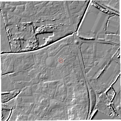Shaded relief map of the ground around TA66FP, computed from Environment Agency LiDAR. The ground here sits at about 7 m above sea level and falls 11 m across the surrounding 800 m. Surface water reaching this point runs off ground lying to the south-south-east, 1.2 m higher.