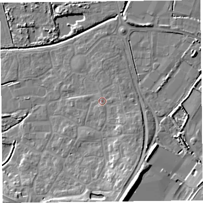 Shaded relief map of the ground around TA66FQ, computed from Environment Agency LiDAR. The ground here sits at about 8 m above sea level and falls 14 m across the surrounding 800 m. Surface water reaching this point runs off ground lying to the south-east, 3.3 m higher.