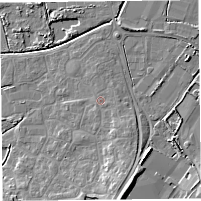 Shaded relief map of the ground around TA66FS, computed from Environment Agency LiDAR. The ground here sits at about 8 m above sea level and falls 13 m across the surrounding 800 m. Surface water reaching this point runs off ground lying to the south-east, 3.4 m higher.