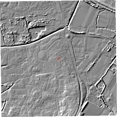 Shaded relief map of the ground around TA66FW, computed from Environment Agency LiDAR. The ground here sits at about 7 m above sea level and falls 11 m across the surrounding 800 m. Surface water reaching this point runs off ground lying to the west, 0.8 m higher.