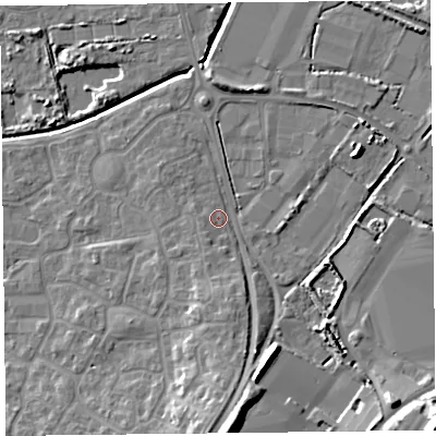 Shaded relief map of the ground around TA66FX, computed from Environment Agency LiDAR. The ground here sits at about 7 m above sea level and falls 14 m across the surrounding 800 m. Surface water reaching this point runs off ground lying to the south, 10.5 m higher.