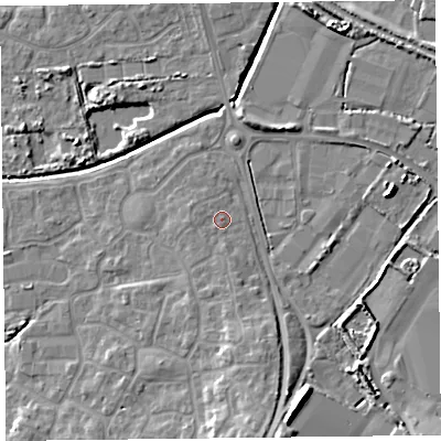 Shaded relief map of the ground around TA66FY, computed from Environment Agency LiDAR. The ground here sits at about 7 m above sea level and falls 11 m across the surrounding 800 m. Surface water reaching this point runs off ground lying to the south, 1.9 m higher.