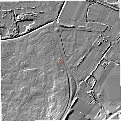 Shaded relief map of the ground around TA66FZ, computed from Environment Agency LiDAR. The ground here sits at about 6 m above sea level and falls 13 m across the surrounding 800 m. Surface water reaching this point runs off ground lying to the south, 10.4 m higher.