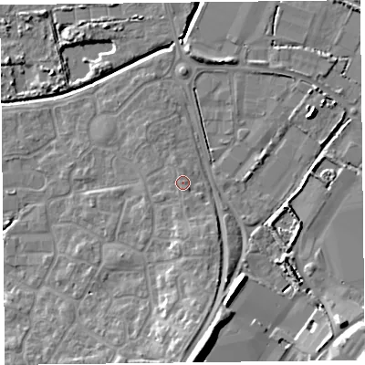 Shaded relief map of the ground around TA66GA, computed from Environment Agency LiDAR. The ground here sits at about 8 m above sea level and falls 15 m across the surrounding 800 m. Surface water reaching this point runs off ground lying to the south, 0.8 m higher.