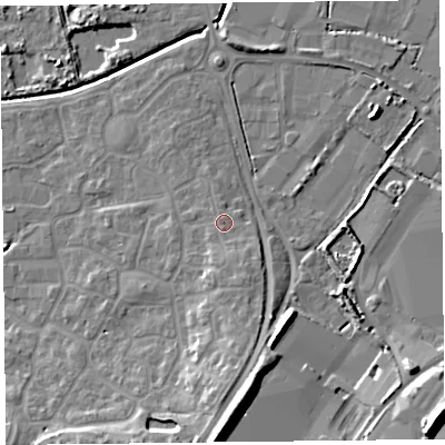 Shaded relief map of the ground around TA66GB, computed from Environment Agency LiDAR. The ground here sits at about 8 m above sea level and falls 15 m across the surrounding 800 m. Surface water reaching this point runs off ground lying to the south-south-east, 2.2 m higher.