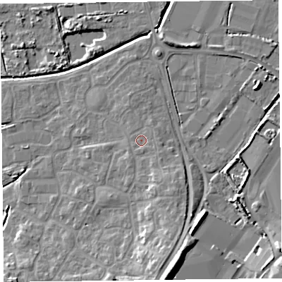 Shaded relief map of the ground around TA66GD, computed from Environment Agency LiDAR. The ground here sits at about 7 m above sea level and falls 13 m across the surrounding 800 m. Surface water reaching this point runs off ground lying to the east-south-east, 0.8 m higher.