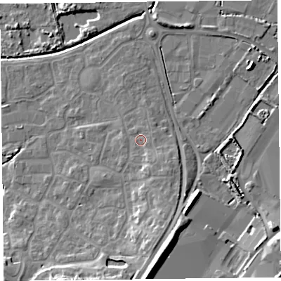 Shaded relief map of the ground around TA66GE, computed from Environment Agency LiDAR. The ground here sits at about 8 m above sea level and falls 14 m across the surrounding 800 m. Surface water reaching this point runs off ground lying to the south-east, 2.5 m higher.