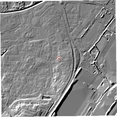 Shaded relief map of the ground around TA66GF, computed from Environment Agency LiDAR. The ground here sits at about 10 m above sea level and falls 17 m across the surrounding 800 m. Surface water reaching this point runs off ground lying to the east-south-east, 2.4 m higher.