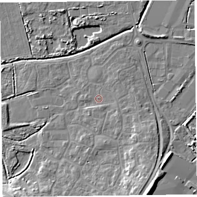 Shaded relief map of the ground around TA66GG, computed from Environment Agency LiDAR. The ground here sits at about 7 m above sea level and falls 13 m across the surrounding 800 m. Surface water reaching this point runs off ground lying to the east, 1.0 m higher.