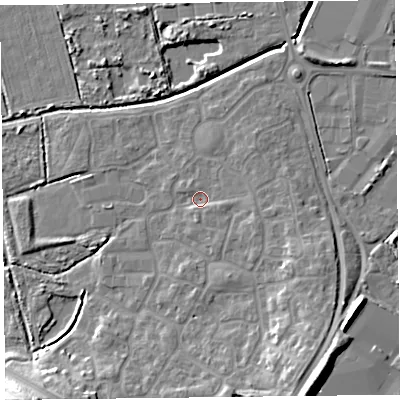Shaded relief map of the ground around TA66GH, computed from Environment Agency LiDAR. The ground here sits at about 6 m above sea level and falls 14 m across the surrounding 800 m. Surface water reaching this point runs off ground lying to the east-south-east, 2.4 m higher.