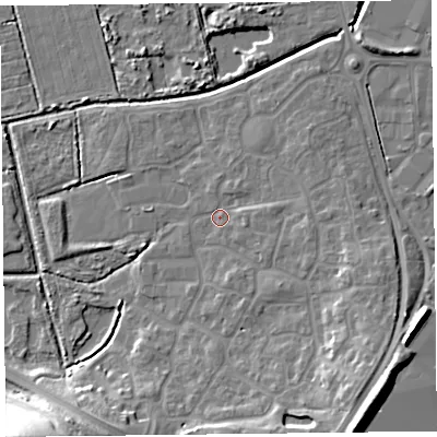 Shaded relief map of the ground around TA66GJ, computed from Environment Agency LiDAR. The ground here sits at about 6 m above sea level and falls 17 m across the surrounding 800 m. Surface water reaching this point runs off ground lying to the east, 2.7 m higher.