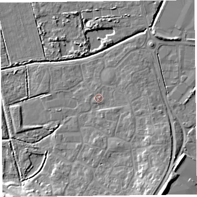 Shaded relief map of the ground around TA66GL, computed from Environment Agency LiDAR. The ground here sits at about 7 m above sea level and falls 13 m across the surrounding 800 m. Surface water reaching this point runs off ground lying to the east, 1.3 m higher.