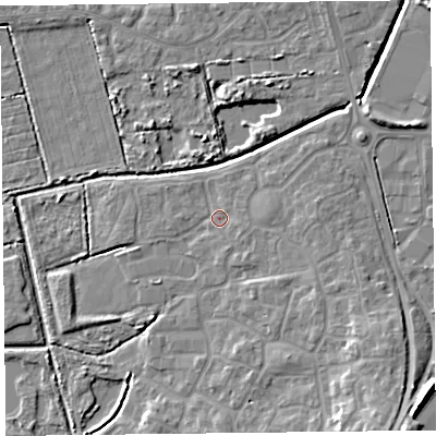 Shaded relief map of the ground around TA66GN, computed from Environment Agency LiDAR. The ground here sits at about 6 m above sea level and falls 11 m across the surrounding 800 m. Surface water reaching this point runs off ground lying to the east-south-east, 1.3 m higher.