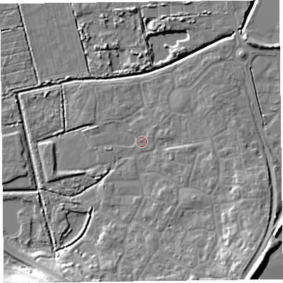 Shaded relief map of the ground around TA66GP, computed from Environment Agency LiDAR. The ground here sits at about 6 m above sea level and falls 13 m across the surrounding 800 m. Surface water reaching this point runs off ground lying to the north-east, 1.5 m higher.