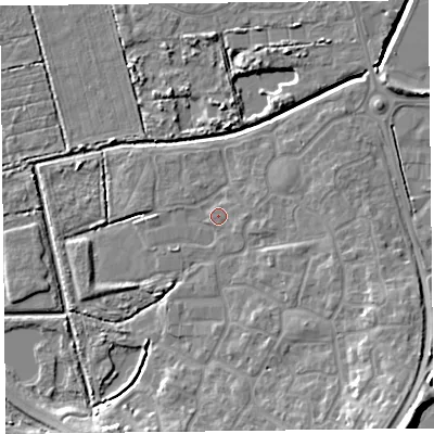 Shaded relief map of the ground around TA66GQ, computed from Environment Agency LiDAR. The ground here sits at about 6 m above sea level and falls 13 m across the surrounding 800 m. Surface water reaching this point runs off ground lying to the east-north-east, 1.5 m higher.