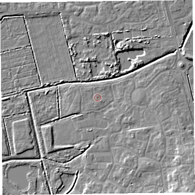 Shaded relief map of the ground around TA66GS, computed from Environment Agency LiDAR. The ground here sits at about 5 m above sea level and falls 9 m across the surrounding 800 m. Surface water reaching this point runs off ground lying to the north-north-east, 0.6 m higher.