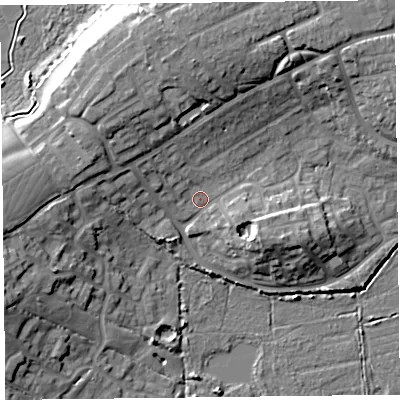 Shaded relief map of the ground around TA66HD, computed from Environment Agency LiDAR. The ground here sits at about 9 m above sea level and falls 14 m across the surrounding 800 m. Surface water reaching this point runs off ground lying to the north-north-west, 2.2 m higher.