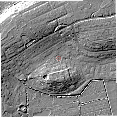 Shaded relief map of the ground around TA66HF, computed from Environment Agency LiDAR. The ground here sits at about 7 m above sea level and falls 14 m across the surrounding 800 m. Surface water reaching this point runs off ground lying to the north-west, 10.5 m higher.