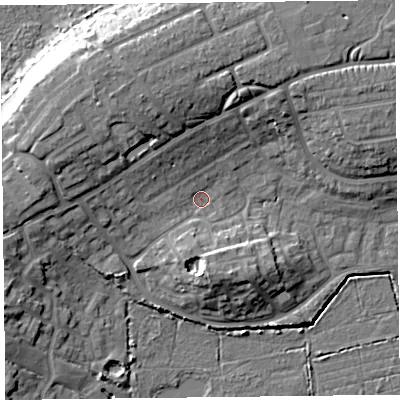 Shaded relief map of the ground around TA66HP, computed from Environment Agency LiDAR. The ground here sits at about 8 m above sea level and falls 14 m across the surrounding 800 m. Surface water reaching this point runs off ground lying to the south-south-west, 4.2 m higher.