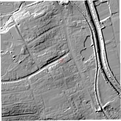 Shaded relief map of the ground around TA66HT, computed from Environment Agency LiDAR. The ground here sits at about 9 m above sea level and falls 13 m across the surrounding 800 m. Surface water reaching this point runs off ground lying to the west, 10.1 m higher.