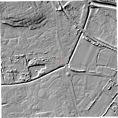 Shaded relief map of the ground around TA66LE, computed from Environment Agency LiDAR. The ground here sits at about 6 m above sea level and falls 11 m across the surrounding 800 m. Surface water reaching this point runs off ground lying to the north, 6.9 m higher.