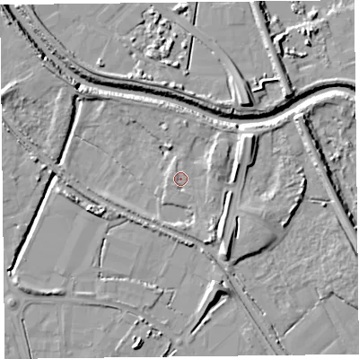 Shaded relief map of the ground around TA66LJ, computed from Environment Agency LiDAR. The ground here sits at about 7 m above sea level and falls 9 m across the surrounding 800 m. Surface water reaching this point runs off ground lying to the east-north-east, 3.6 m higher.