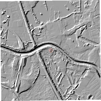 Shaded relief map of the ground around TA66LN, computed from Environment Agency LiDAR. The ground here sits at about 7 m above sea level and falls 9 m across the surrounding 800 m. Surface water reaching this point runs off ground lying to the north-west, 3.1 m higher.