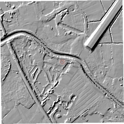Shaded relief map of the ground around TA66LP, computed from Environment Agency LiDAR. The ground here sits at about 7 m above sea level and falls 11 m across the surrounding 800 m. Surface water reaching this point runs off ground lying to the west-north-west, 6.2 m higher.