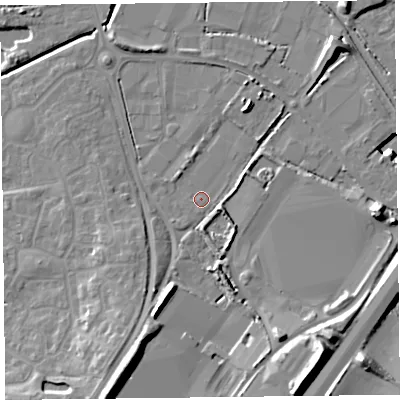 Shaded relief map of the ground around TA66LQ, computed from Environment Agency LiDAR. The ground here sits at about 6 m above sea level and falls 18 m across the surrounding 800 m. Surface water reaching this point runs off ground lying to the south-south-east, 12.8 m higher.