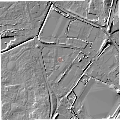Shaded relief map of the ground around TA66LS, computed from Environment Agency LiDAR. The ground here sits at about 6 m above sea level and falls 11 m across the surrounding 800 m. Surface water reaching this point runs off ground lying to the north-west, 3.6 m higher.