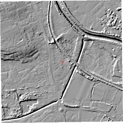 Shaded relief map of the ground around TA66LT, computed from Environment Agency LiDAR. The ground here sits at about 6 m above sea level and falls 11 m across the surrounding 800 m. Surface water reaching this point runs off ground lying to the north-north-west, 4.5 m higher.