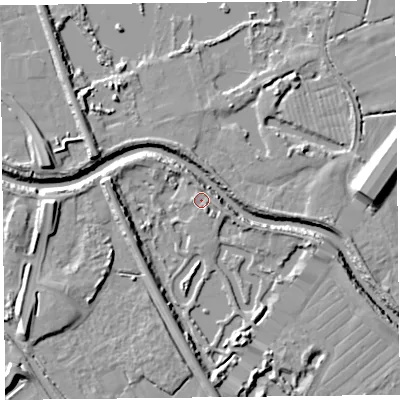Shaded relief map of the ground around TA66LW, computed from Environment Agency LiDAR. The ground here sits at about 6 m above sea level and falls 11 m across the surrounding 800 m. Surface water reaching this point runs off ground lying to the west, 6.2 m higher.