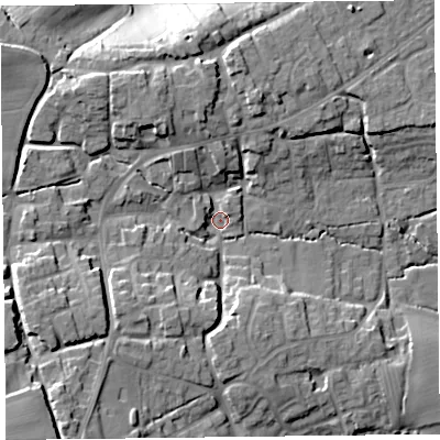 Shaded relief map of the ground around TA66LX, computed from Environment Agency LiDAR. The ground here sits at about 32 m above sea level and falls 27 m across the surrounding 800 m. Surface water reaching this point runs off ground lying to the south-west, 20.8 m higher.
