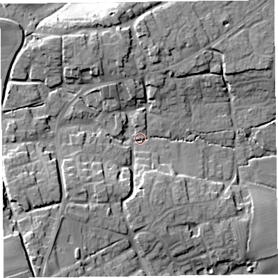 Shaded relief map of the ground around TA66LY, computed from Environment Agency LiDAR. The ground here sits at about 33 m above sea level and falls 26 m across the surrounding 800 m. Surface water reaching this point runs off ground lying to the south-west, 16.2 m higher.