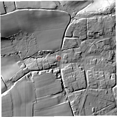 Shaded relief map of the ground around TA66NQ, computed from Environment Agency LiDAR. The ground here sits at about 39 m above sea level and falls 38 m across the surrounding 800 m. Surface water reaching this point runs off ground lying to the south-west, 5.0 m higher.