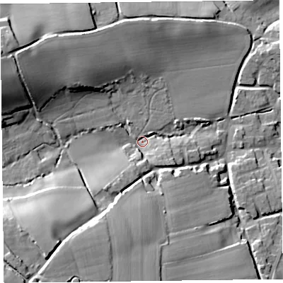 Shaded relief map of the ground around TA66NZ, computed from Environment Agency LiDAR. The ground here sits at about 41 m above sea level and falls 35 m across the surrounding 800 m. Surface water reaching this point runs off ground lying to the south-west, 25.5 m higher.