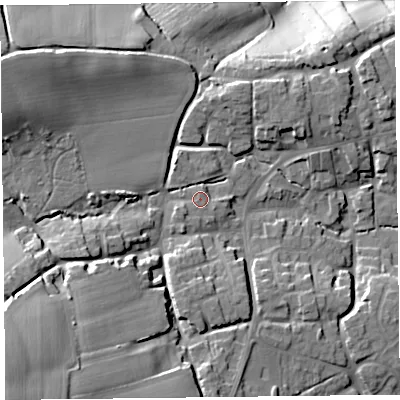 Shaded relief map of the ground around TA66PU, computed from Environment Agency LiDAR. The ground here sits at about 38 m above sea level and falls 39 m across the surrounding 800 m. Surface water reaching this point runs off ground lying to the west-south-west, 15.0 m higher.