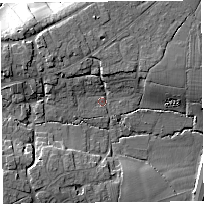 Shaded relief map of the ground around TA66QD, computed from Environment Agency LiDAR. The ground here sits at about 31 m above sea level and falls 22 m across the surrounding 800 m. Surface water reaching this point runs off ground lying to the west-north-west, 11.0 m higher.