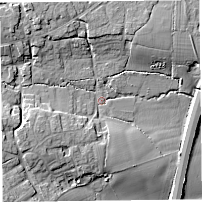Shaded relief map of the ground around TA66QE, computed from Environment Agency LiDAR. The ground here sits at about 29 m above sea level and falls 19 m across the surrounding 800 m. Surface water reaching this point runs off ground lying to the north-west, 13.0 m higher.