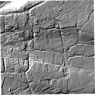Shaded relief map of the ground around TA66QJ, computed from Environment Agency LiDAR. The ground here sits at about 32 m above sea level and falls 20 m across the surrounding 800 m. Surface water reaching this point runs off ground lying to the north-west, 10.8 m higher.